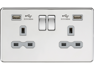 13A 2G switched socket with dual USB charger A + A (2.4A) - Polished chrome with grey insert