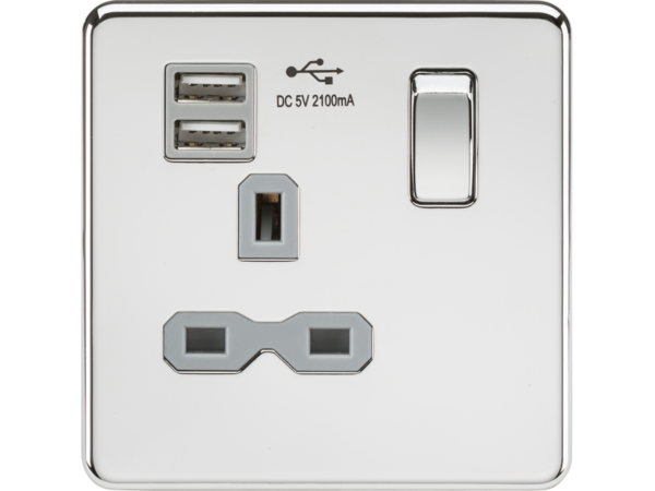 Screwless 13A 1G switched socket with dual USB charger (2.1A) - polished chrome with grey insert